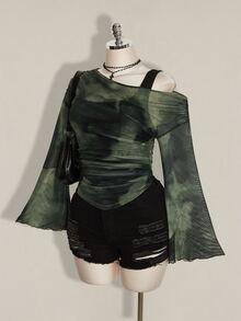 SHEIN ICON Women's Plus Size Asymmetrical Neckline Top - Dark Green - View 4