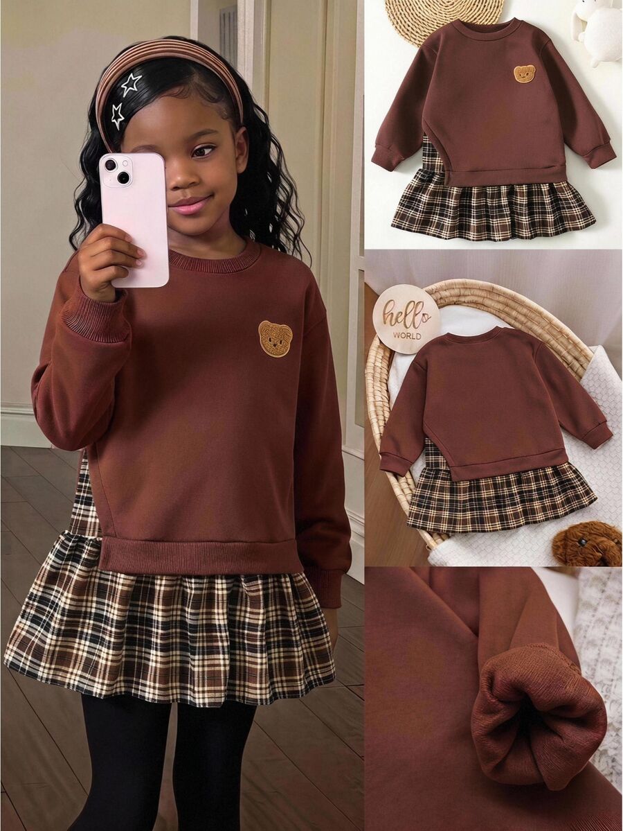 SHEIN 女童秋冬復古時尚百搭休閒日常熊貼布棕色洋裝,秋冬秋季服飾,聖誕節/萬聖節 - 棕色 - 查看 1