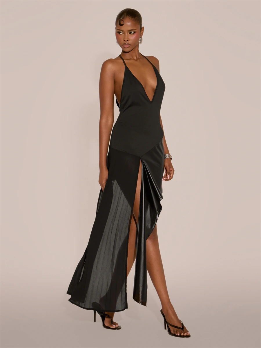MUSERA Deep V Plunge Strappy Asymmetric Draped Side Velvet Mini Dress Sexy Evening Night Going Out Fall Winter Autumn Solitude - Black - View 1