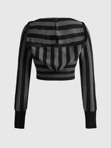 ROMWE Street Life Women's V-Neck Long Sleeve Striped Knit Top - Dark Grey - View 2
