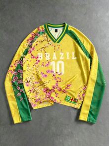 ROMWE MEN 2026 春/秋新款數位印花圖案設計世界盃球衣大學風男士T恤 中性情侶款寬鬆休閒時尚長袖上衣 - 彩色 - 查看 1