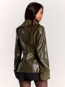 SHEIN BAE Women's Green Lapel Collar Zipper Front Long Sleeve Cinched Waist Versatile Jacket - Army Green - View 2