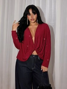 Rustia Plus Size V-Neck Sexy Casual Comfortable Long Sleeve T-Shirt With Cross-Front Knot Detail, Early Autumn - Burgundy - View 2