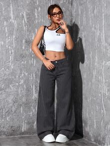 SHEIN PETITE 女款條紋口袋寬腿寬鬆休閒牛仔褲 - 黑色 - 查看 6