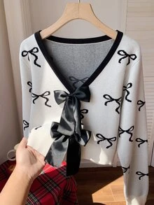 Comfortcana Women's Thin Cardigan Sweater With Bow Pattern And Bow Decor, Casual Fashion Creative Personalized Fresh Cute - White - View 3