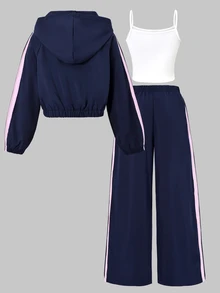SHEIN 3件套女童套裝，甜酷韓系休閒風，適合校園出遊日常春/秋穿搭，粉色豹紋數位印花拼色拼接，蝴蝶結刺繡連帽外套＋細肩帶寬腿褲套裝 - 藍色 - 查看 7