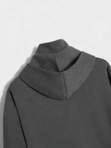 SHEIN 青少年男孩灰色雙層連帽衛衣，立領面罩設計，寬鬆版型，冬季開學季休閒舒適柔軟時尚秋季連帽衫 - 深灰色 - 查看 5