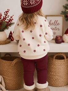 Baby Girls Versatile Cute Sweet Mini Cartoon Floral Pattern Crew Neck Sweatshirt & Brushed Leggings Set, Autumn/Winter Daily, Holiday, Christmas Outfit - Multicolor - View 3