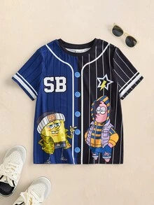 SpongeBob SquarePants | SHEIN Tween Boy Letter Stripe Short Sleeve Crew Neck Casual T-Shirt - Blue - View 1