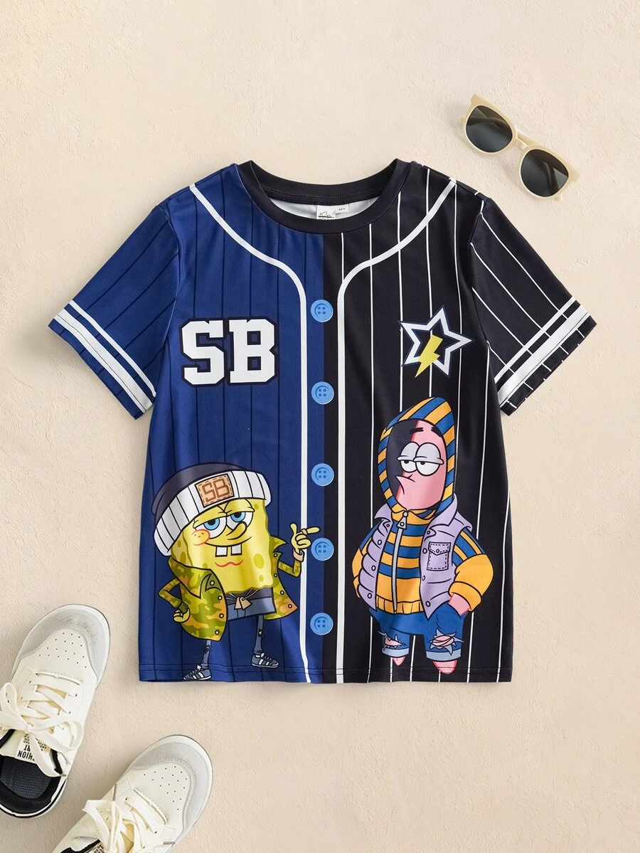 SpongeBob SquarePants | SHEIN Tween Boy Letter Stripe Short Sleeve Crew Neck Casual T-Shirt - Blue - View 1