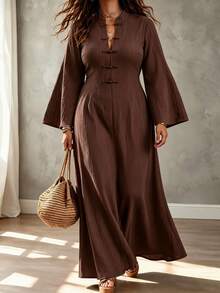 Weeklong Plus Size Frog Button Stand Collar Pleated Maxi Dress, Casual Elegant Long Dress - Brown - View 6