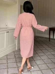 DAZY Summer & Autumn Loose Lace Patchwork Plaid Long Women's Nightgown - Pink - View 2