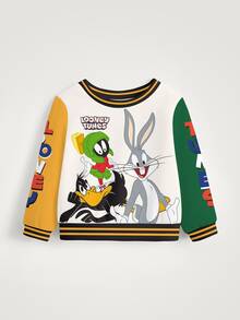 LOONEY TUNES X SHEIN 男嬰條紋字母印花圓領長袖休閒運動衫 - 白色 - 查看 5