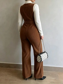 Elenzga Plus Size VNeck Corduroy Jumpsuit, Belt Waist Decorative Buttons Wide Flare Leg Jumpsuit - Brown - View 2