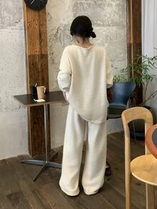 DAZY Women's Off-Shoulder Solid Color Casual Long Sleeve Korean Style Sweater 2 Pieces Set - Apricot - View 2