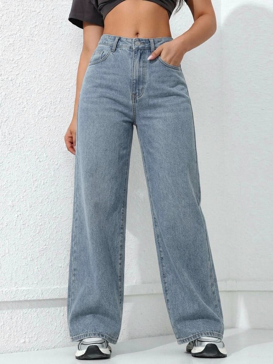 Jeanoix CURVE Plus Size Light Blue Distressed Denim Wide Leg Jeans, High Waist Slimming Lazy Relaxed American Street Style Extra Long Straight Leg Pants - Light Wash - View 1