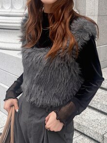 FRIFUL Women's Solid Color Plush Casual Extravagant Elegant Versatile Daily Wear Top Night Out Party Dark Grey Summer Christmas - Grey - View 4