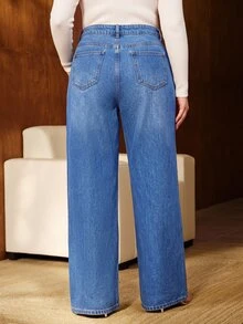 Anewsta Women's Fashion New Heavy Rhinestone Embellished Blue Straight Leg Plus Size Jeans - Blue - View 7