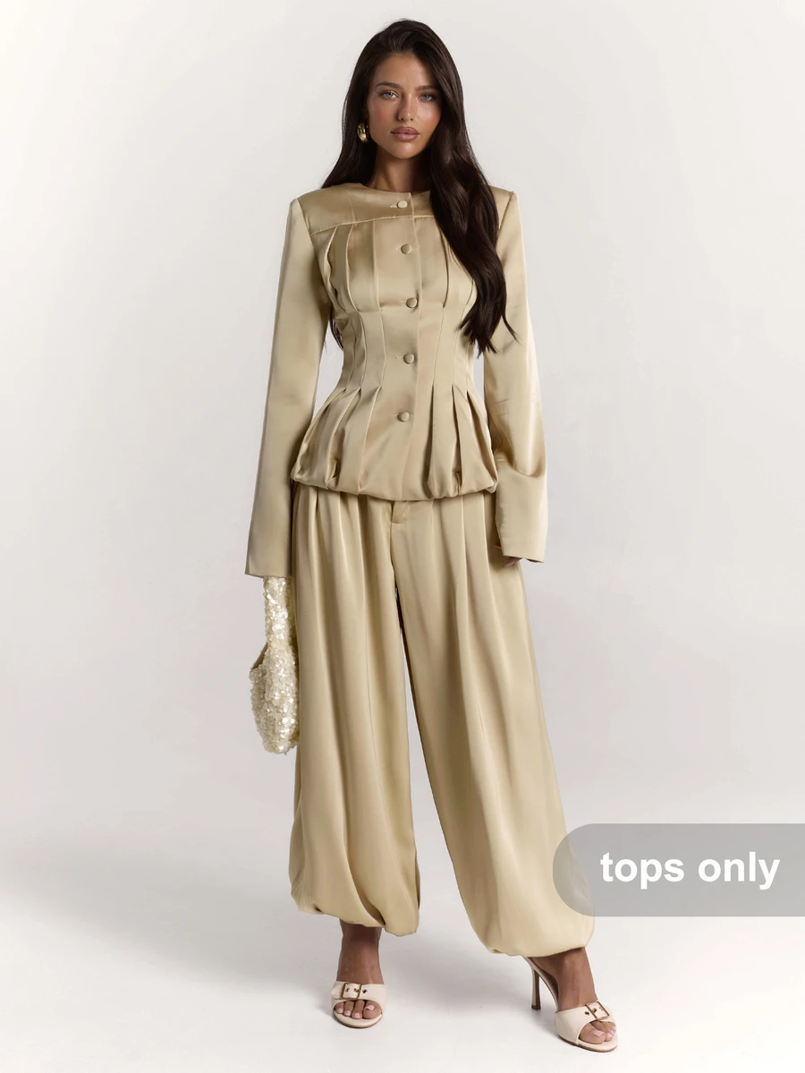 SHEIN BAE Blazer Wanita Warna Polos Kancing Tunggal Lengan Panjang dengan Detail Kerut di Pinggang untuk Aktivitas Komuter - Khaki - View 1