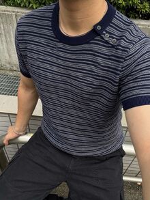 DAZY 男士短袖條紋圓領鈕扣不對稱門襟針織上衣 - 藏蓝色 - 查看 7