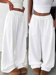 SHEIN Tween Girl Tween Girl Tween Girls Loose Fit Drawstring Pockets Wide Leg Sweatpants, Light Gray Winter - White - View 1