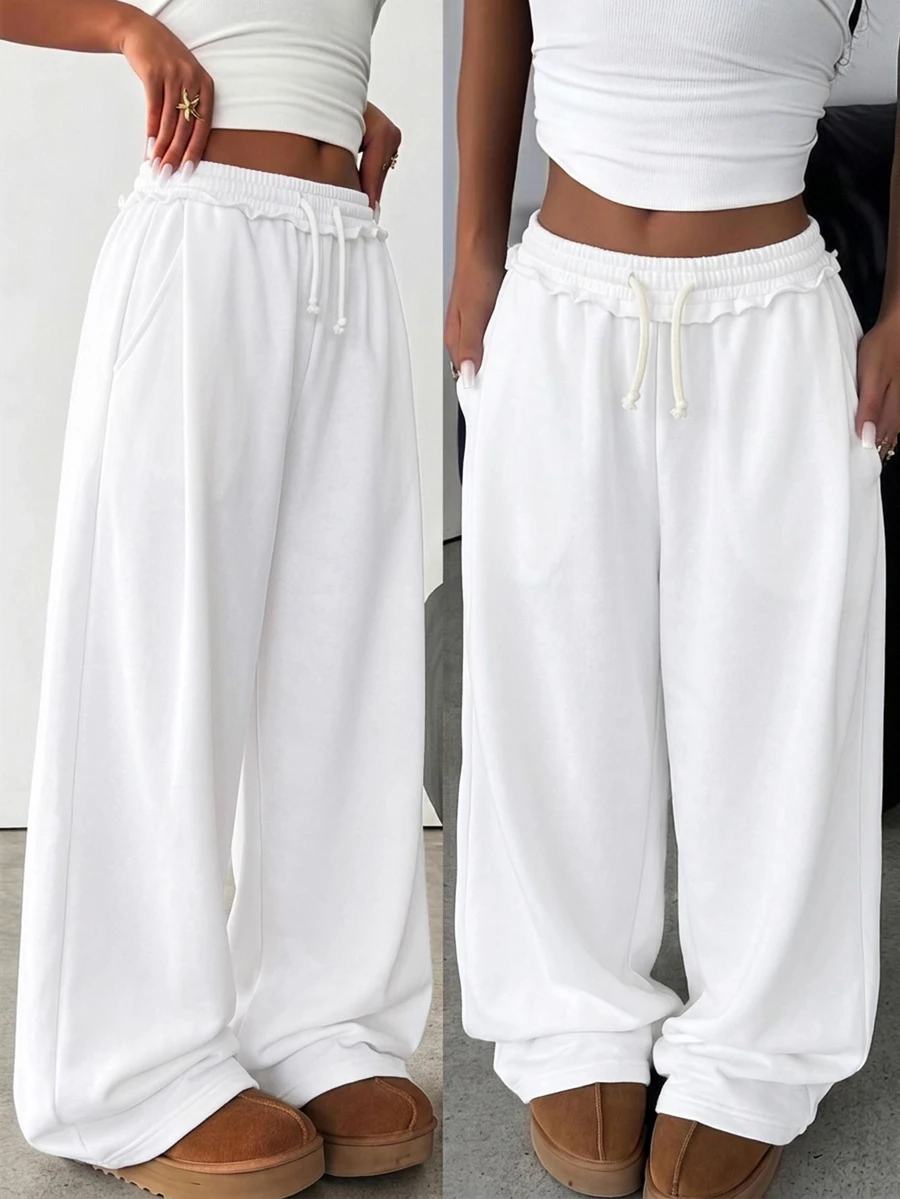 SHEIN Tween Girl Tween Girl Tween Girls Loose Fit Drawstring Pockets Wide Leg Sweatpants, Light Gray Winter - White - View 1