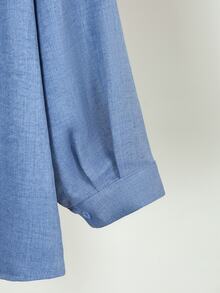Lacomfia Haze Blue Long Sleeve Loose Fit Striped Trim Frill Trim Plus Size Shirt - Dusty Blue - View 5