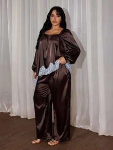 Rustia Plus Contrast Lace Lantern Sleeve Satin Top & Pants Set Fall - Brown - View 4