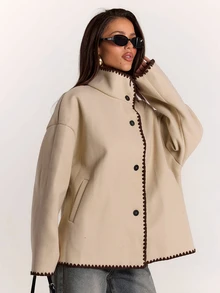 SHEIN BAE Women's Long Sleeve Contrast Trim Button Drop Shoulder High Neck Jacket - Khaki - View 6