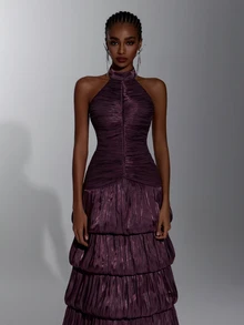 Elitara Elegant Coffee Brown Shiny Satin Stand Collar Backless Multi-Layer Ruffle A-Line Evening Gown - Coffee Brown - View 2