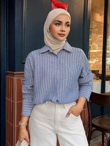 DAZY Women's Casual Striped Single-Breasted Long Sleeve Shirt - Blue - View 7