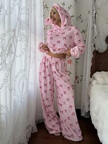 CottageSlumber Women's Pink Bow Hooded Pullover Pajama Set, Soft Plush Loungewear 2 Pieces Set - Pink - View 8
