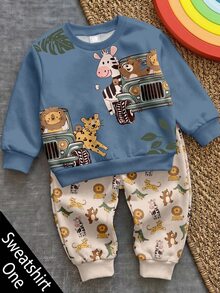嬰兒幼兒圓領休閒套頭運動衫，經典可愛手繪童話動物世界圖案印花，動物保護巡邏隊，豹、虎、獅、斑馬、鱷魚圖案印花，適合秋冬，保暖內裡加厚 - 彩色 - 查看 1