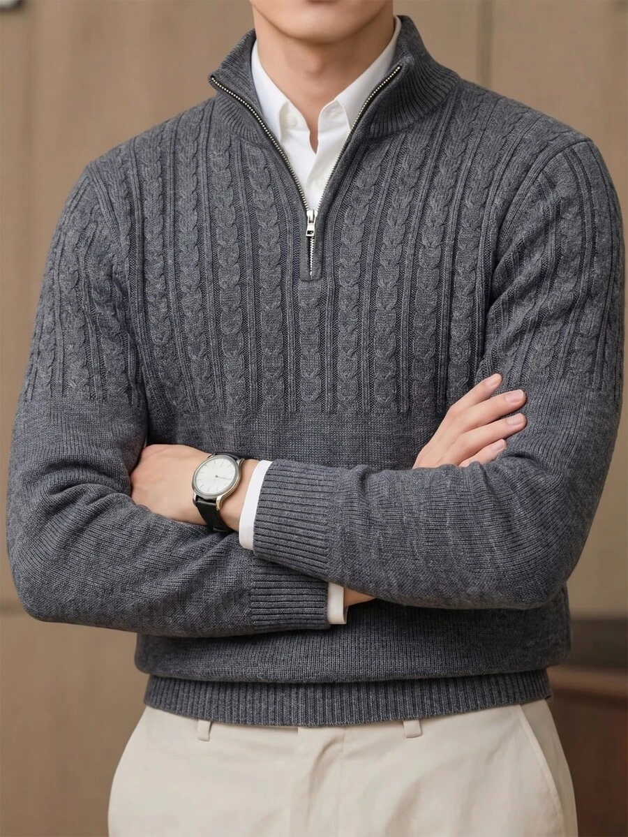 Claim Dot 歐美新博主風時尚設計成熟休閒男士拉鍊半開襟休閒針織上衣,深灰色,適合辦公工作,秋季 - 彩色 - 查看 1