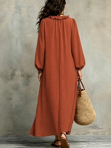 SHEIN Casual V-Neck Ruffle Loose Fit Maxi Dress For Women - Orange Red - View 2