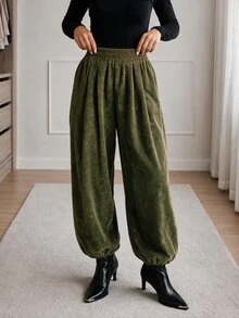 Easowa Women's Fall Winter Elastic High Waist Loose Long Pants Hiking Everyday Olive Green Casual - Army Green - View 1