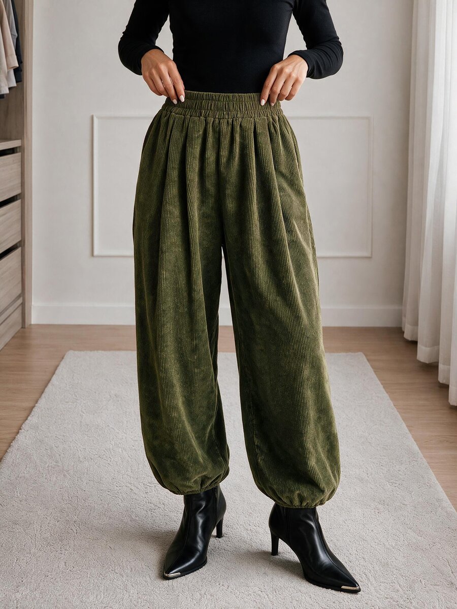 Easowa Women's Fall Winter Elastic High Waist Loose Long Pants Hiking Everyday Olive Green Casual - Army Green - View 1