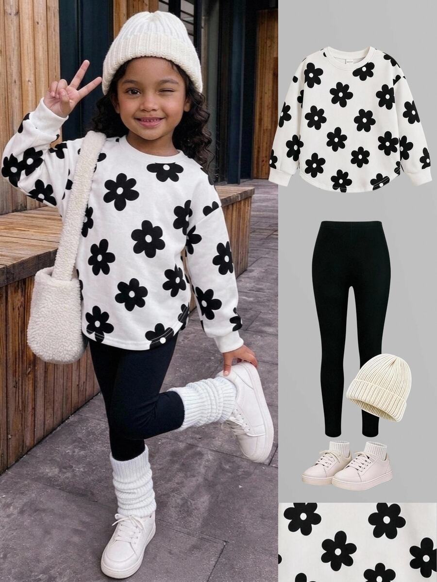 Young Girl Young Girl Casual Floral Print Round Neck Long Sleeve 2 Pieces Set - Black - View 1