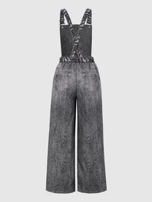 SHEIN Jumpsuit Denim Bertali Berlubang dengan Motif Bintang untuk Remaja Perempuan - Grey - View 2