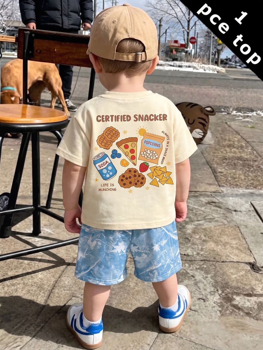 Young Boy Short Sleeve T-Shirt Casual Minimalist Suitable For Summer, Classic Cute Cartoon Hand-Drawn Food Pattern Print, Back Pattern Print - Multicolor - View 1
