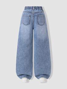 Girls' Autumn Star Patch & Bow Decor Wide Leg Denim Jeans, Light Blue Washed Frayed Hem, Sweet Cool Personalized Loose Long Pants For School And Outings - Light Wash - View 2