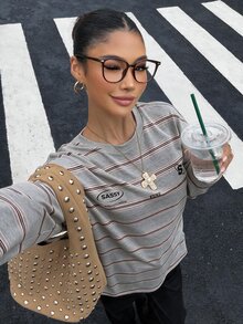 Muchica Women's Knit Striped Loose Long Sleeve T-Shirt - Light Grey - View 7