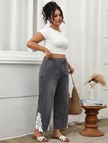 SHEIN 大尺碼女款蕾絲口袋寬鬆牛仔褲 - 灰色 - 查看 7