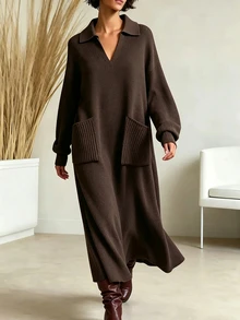 SHEIN فستان كنزة نسائي عتيق بأكمام طويلة وجيوب - بني - مشاهدة 5
