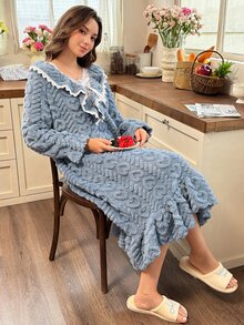 Snug Reverie Autumn/Winter Plush Thickened Princess Style Long Nightgown Women's Winter Loungewear Pajamas - Dusty Blue - View 5