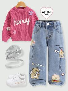 SHEIN Elladie kids Girls' Versatile Fashion Casual Blue Straight Leg Denim Jeans Autumn Winter - Blue - View 8
