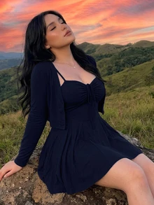 Dazy Plus Set Kasual Cokelat 2 Potong Terdiri dari Gaun Mini Seksi dengan Tali Bahu Tipis dan Kardigan, Musim Semi, Musim Panas, dan Musim Gugur - Navy Blue - View 5