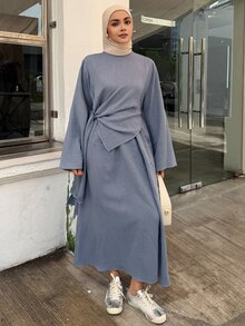 DAZY Women's Solid Color Round Neck Long Sleeve Side Knot Blouse And Skirt Casual 2 Pieces Set - Blue - View 6