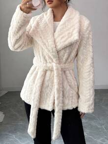 SHEINBlues Women's Textured Jacquard Plush Tie-Front Jacket - Apricot - View 6