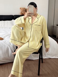 Napfluff CURVE Napfluff CURVE Minimalist Slouchy Yellow Striped Pajama Set For Girls, Spring/Autumn New Long Sleeve Long Pants 2 Pieces Set, Premium Loungewear Plus Size - Yellow - View 7